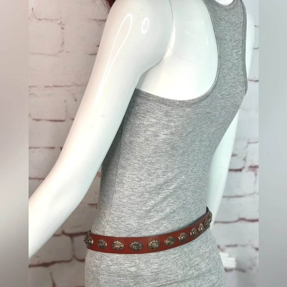 NEIMAN MARCUS Vintage Brown Leather Pewter Coastal Cowgirl Conch Belt Sz Large